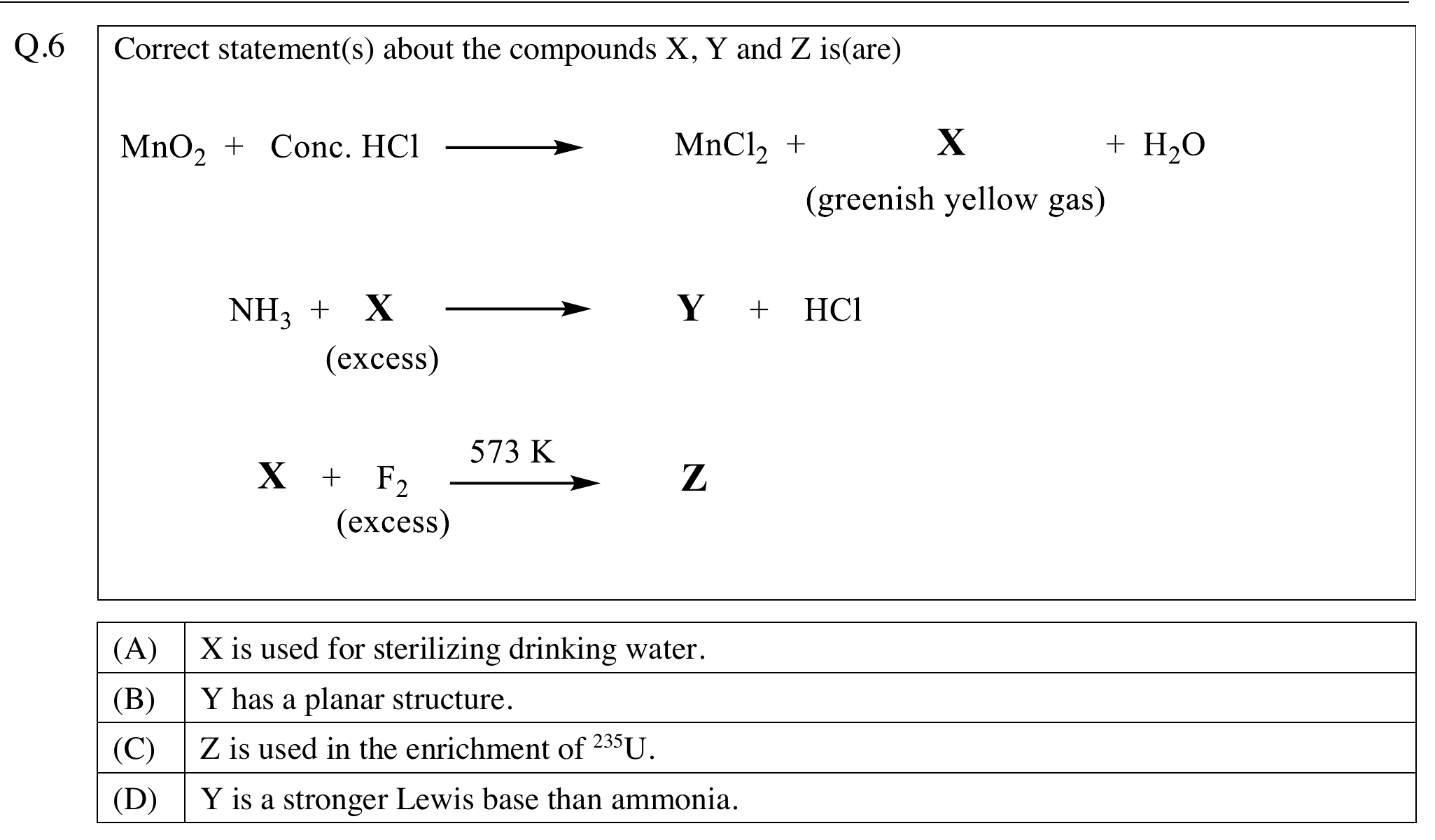 Answer-key-free screenshot of JEE Advanced 2026 Chemistry Paper 1 Question 6 and choices A through D