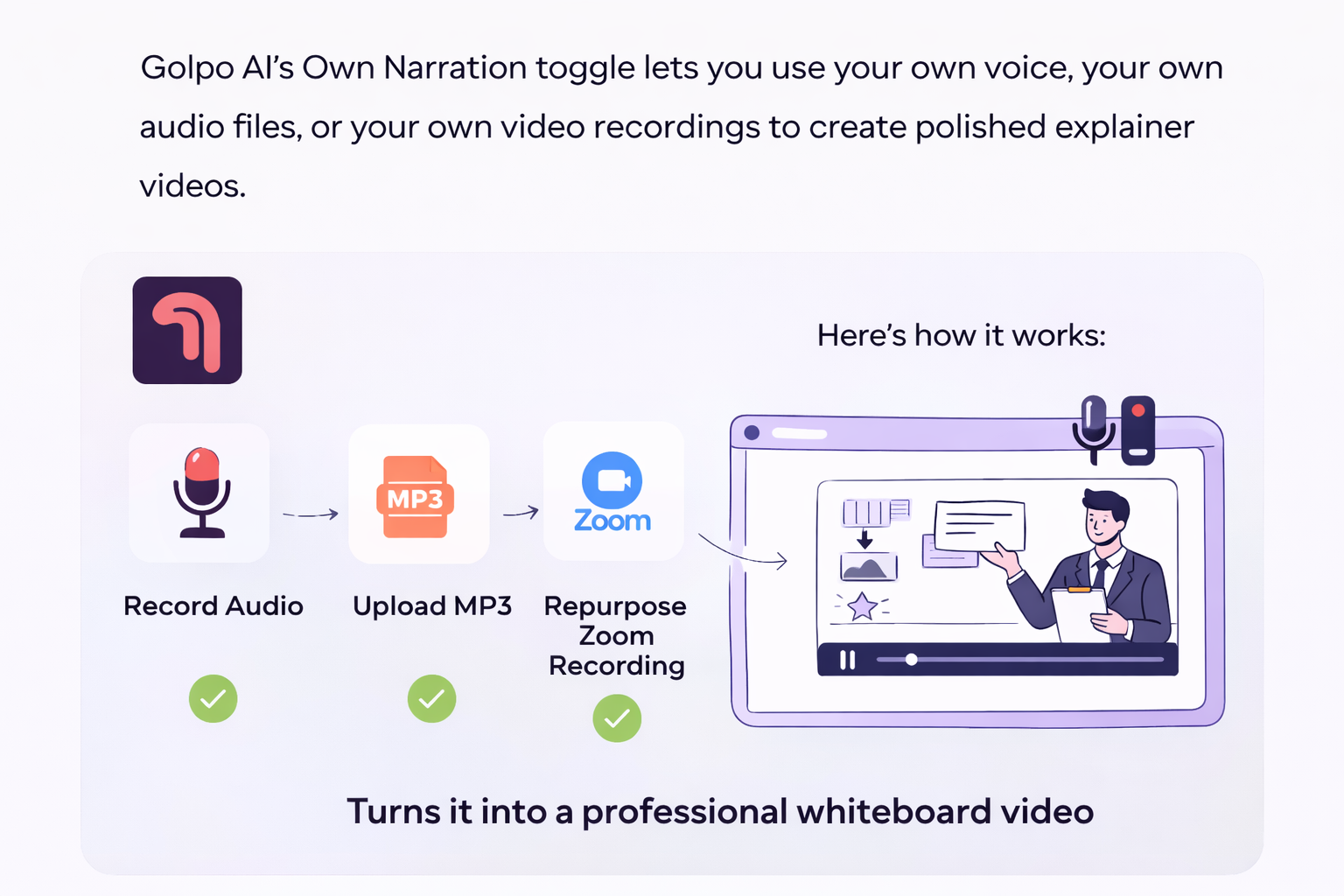 Geolpo How to Use Own Narration on Golpo AI: Upload Audio, Video, or Record Live