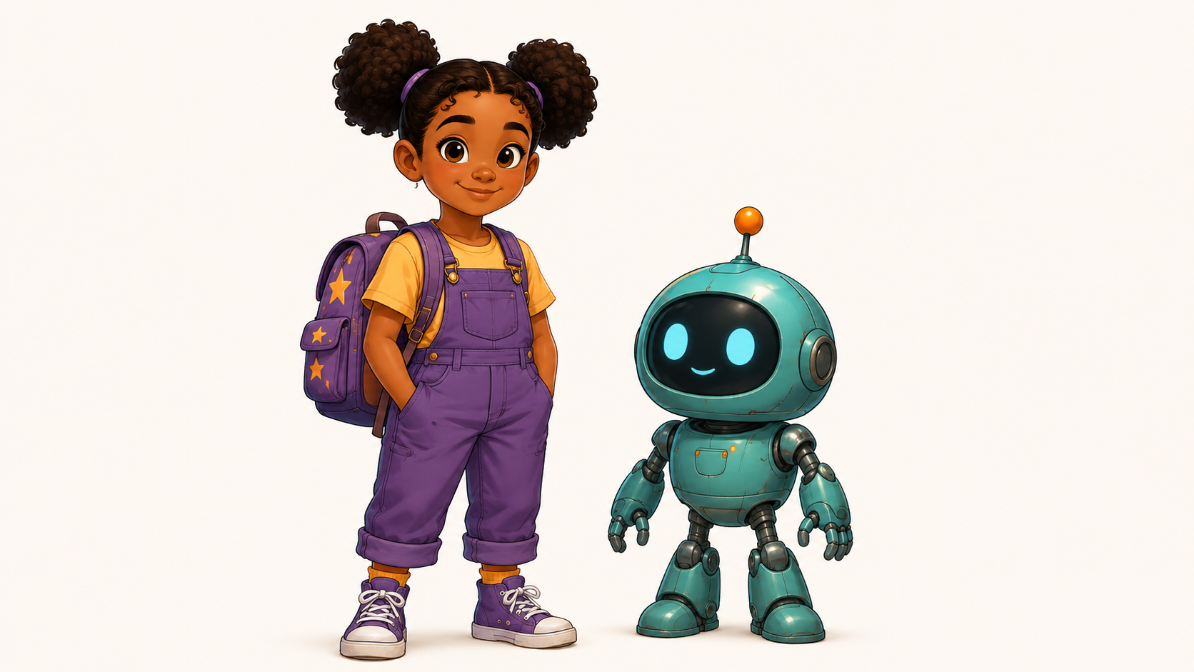 Reference character sheet for Luna and Bolt: a young girl with dark curly hair in pigtail puffs, purple overalls, yellow t-shirt, purple sneakers with a star-decorated backpack, and Bolt the teal robot friend with glowing blue eyes