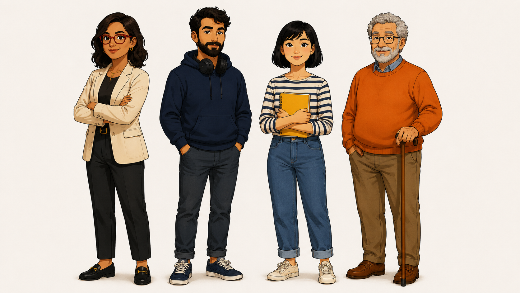 Reference character sheet for the Startup team: four characters including a woman in cream blazer with red glasses, a bearded man with headphones and navy hoodie, a young woman in striped shirt holding a yellow notebook, and an older gentleman in orange sweater with a cane