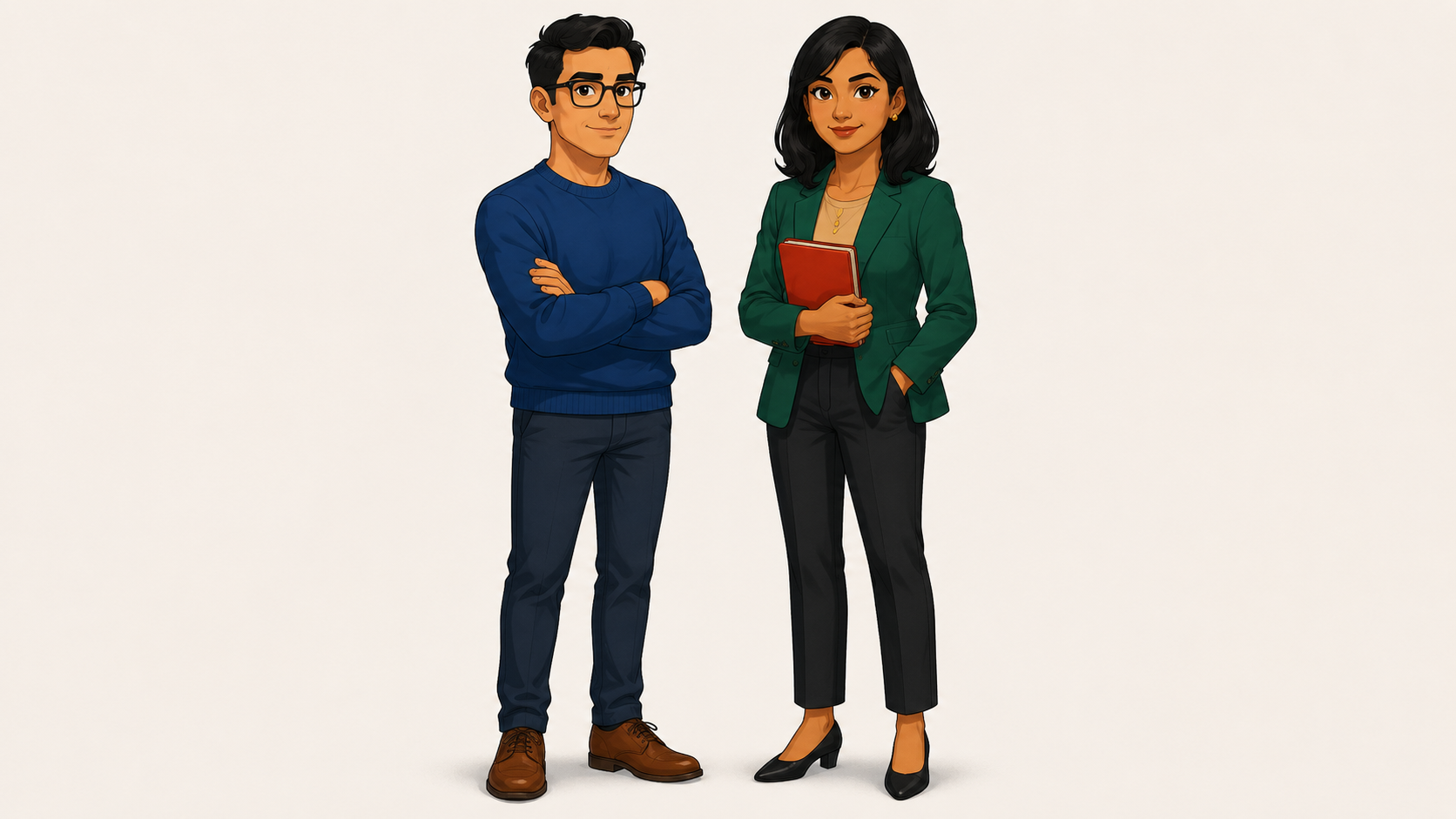 Reference character sheet for Sam and Priya: two coworker characters, Sam in a blue crewneck sweater with glasses and dark jeans, and Priya in a green blazer with black slacks holding a red notebook