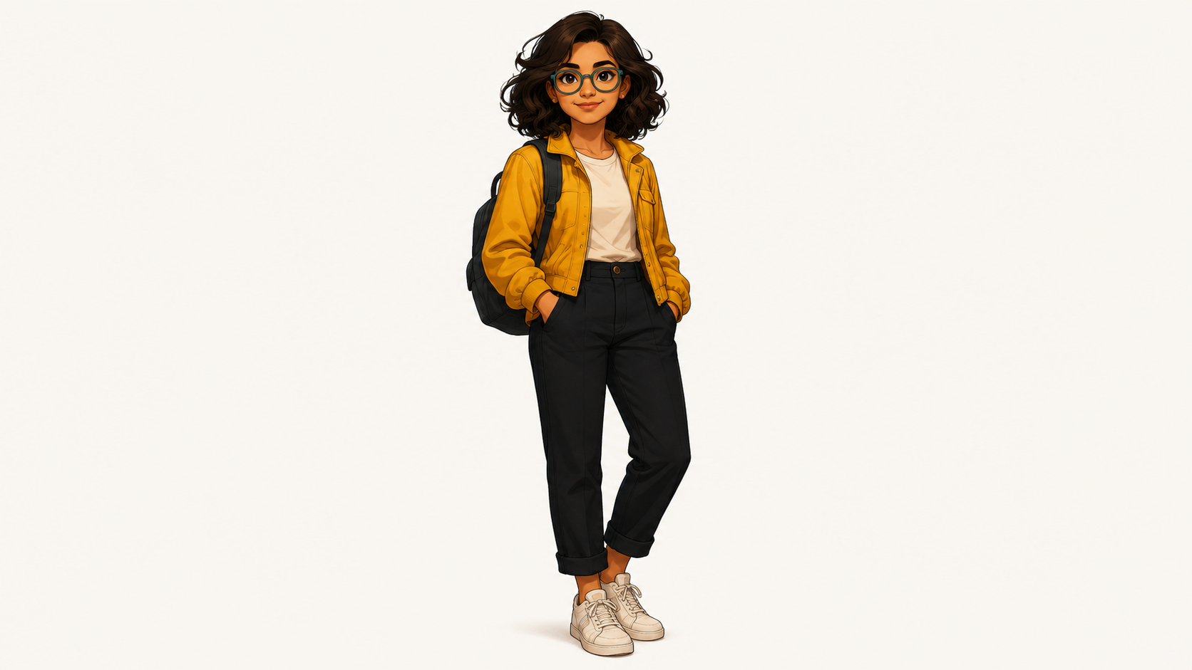 Reference character sheet for Maya: a young woman with dark curly hair, teal round glasses, a yellow denim jacket over a cream t-shirt, black tapered trousers, and white sneakers with a black backpack