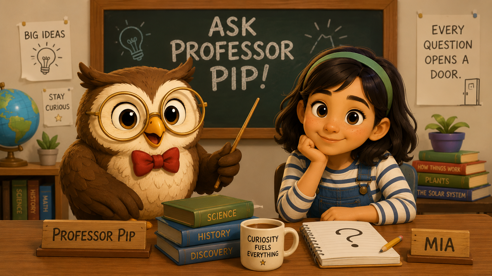 Reference character sheet for Professor Pip and Mia: an anthropomorphic owl teacher in golden round glasses and a red bowtie with a chalkboard behind him, and Mia, a young student in a green headband, striped shirt and blue overalls holding a notebook with a question mark