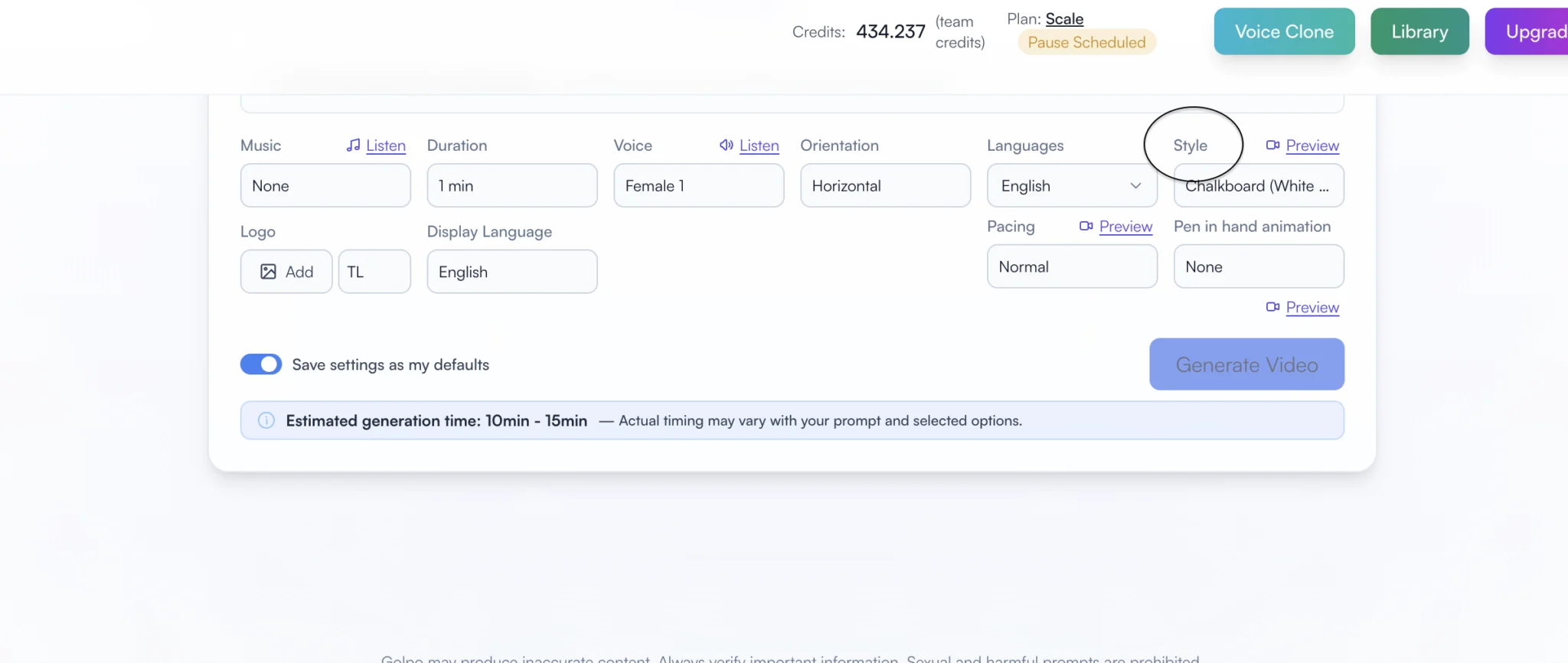 Style setting in the Golpo Canvas video configuration controls