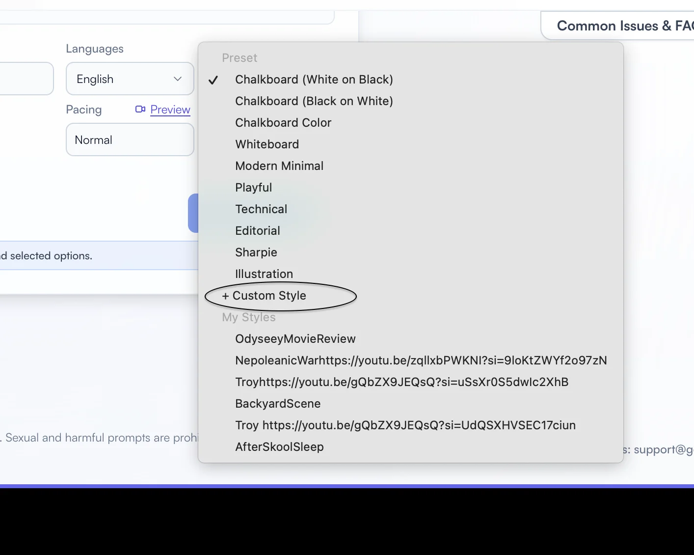 Golpo Canvas Style dropdown with plus Custom Style and My Styles options