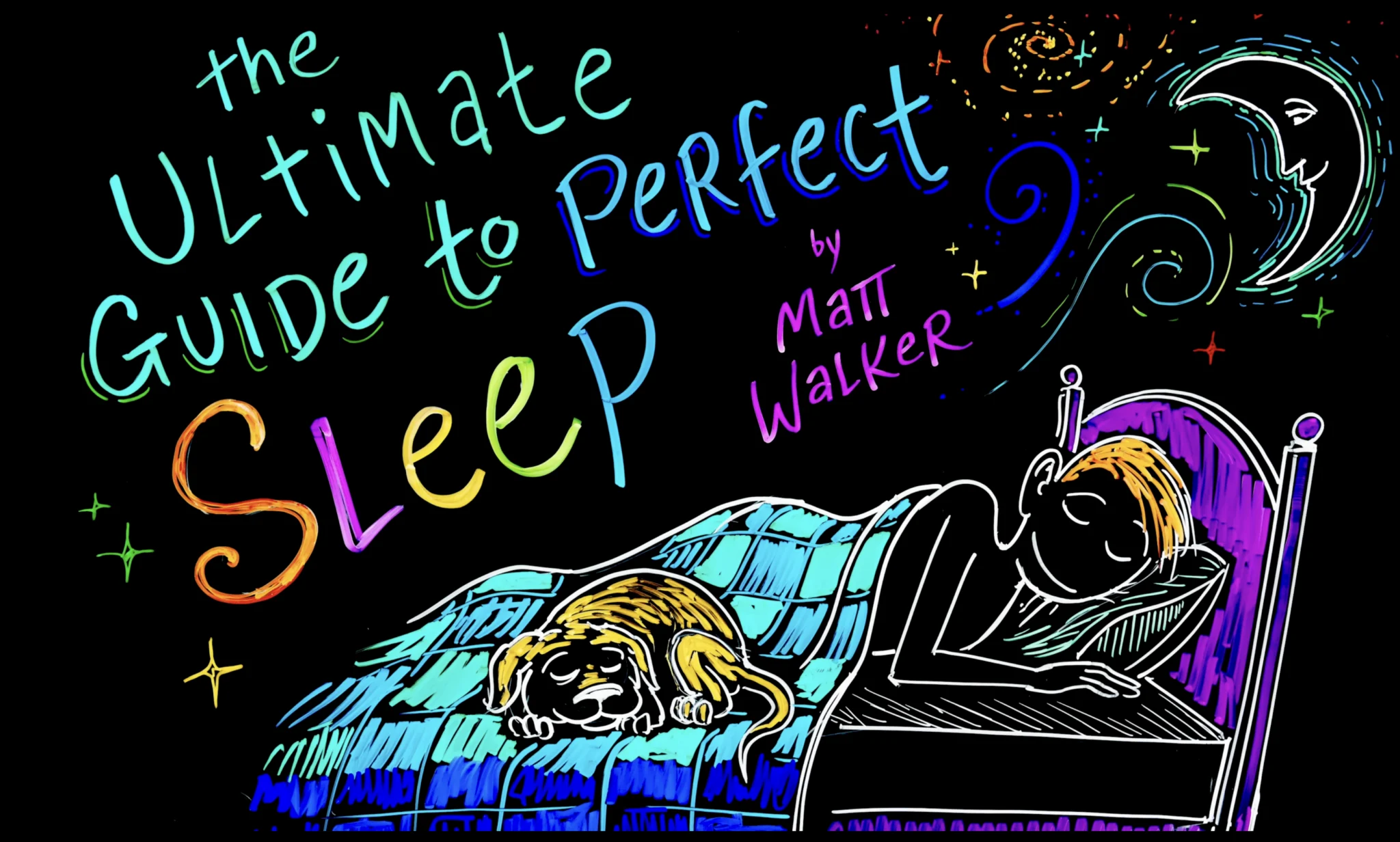 Sleep reference image with colorful neon handwriting and illustrations on a black background