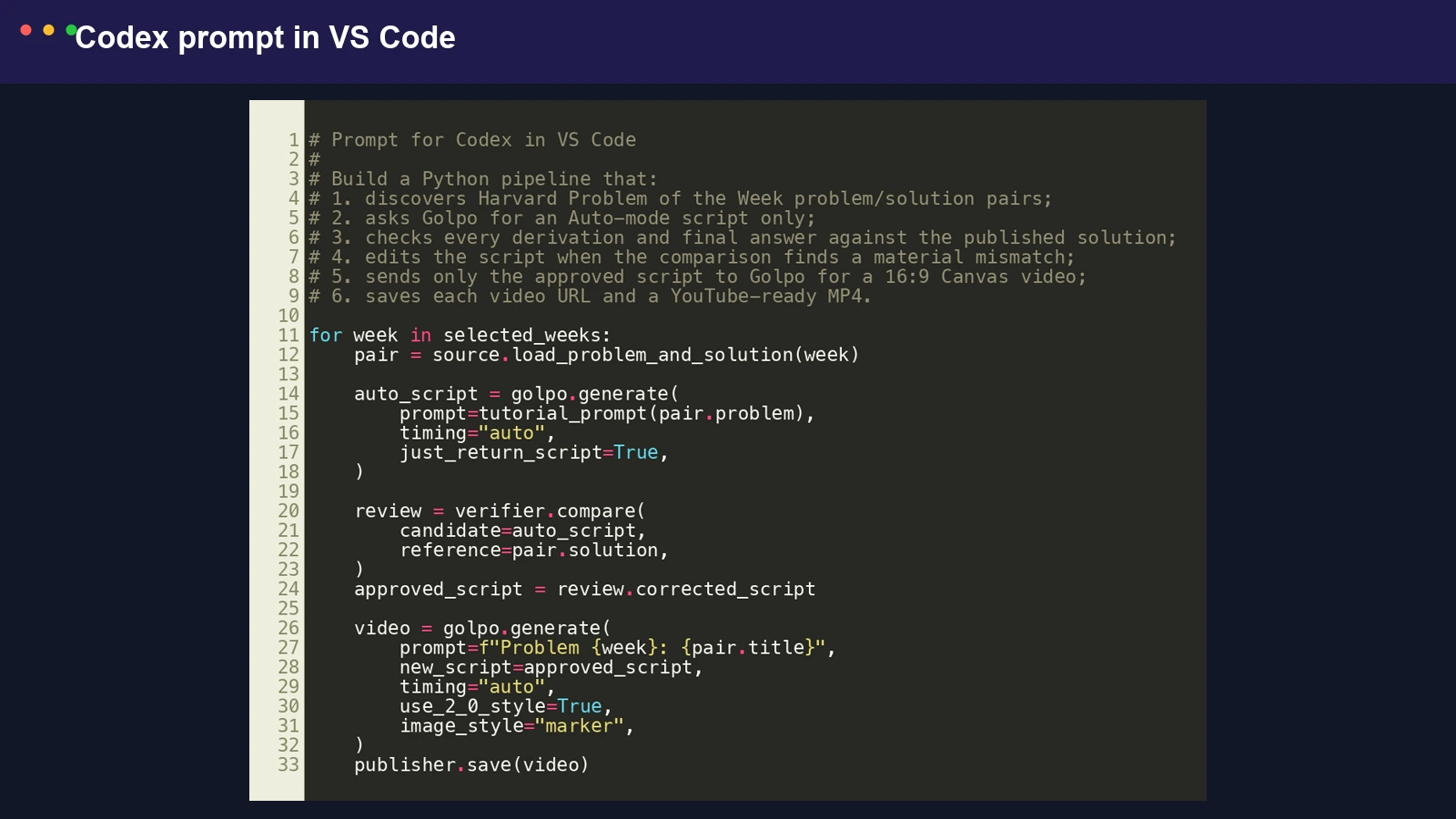 IDE-style code card showing a Codex prompt for collecting, drafting, verifying, correcting, and rendering five problem videos