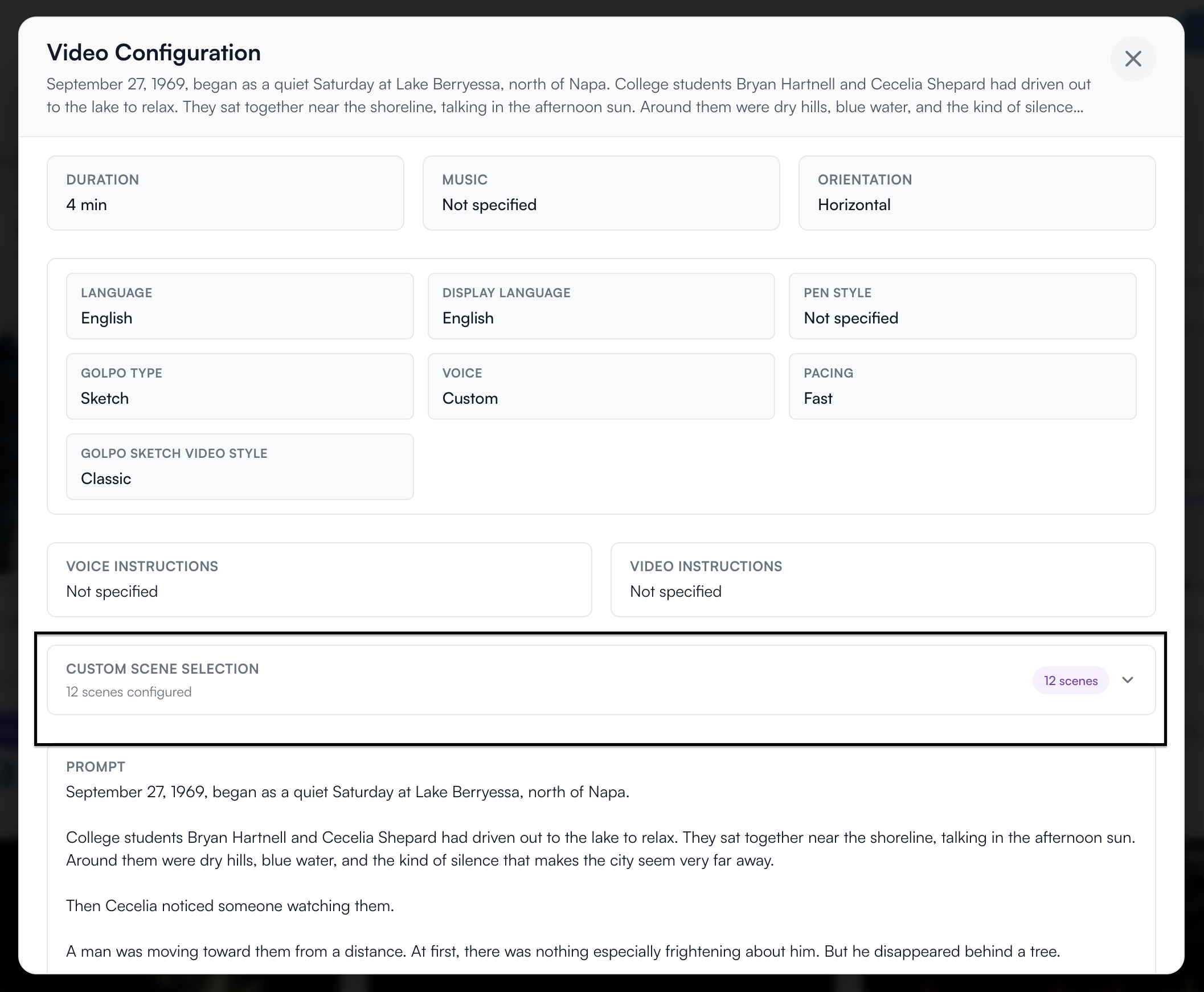 Golpo Video Configuration with Custom Scene Selection highlighted and 12 scenes configured