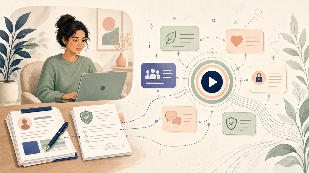 Behavioral health intake and consent documents becoming private, calm visual orientation