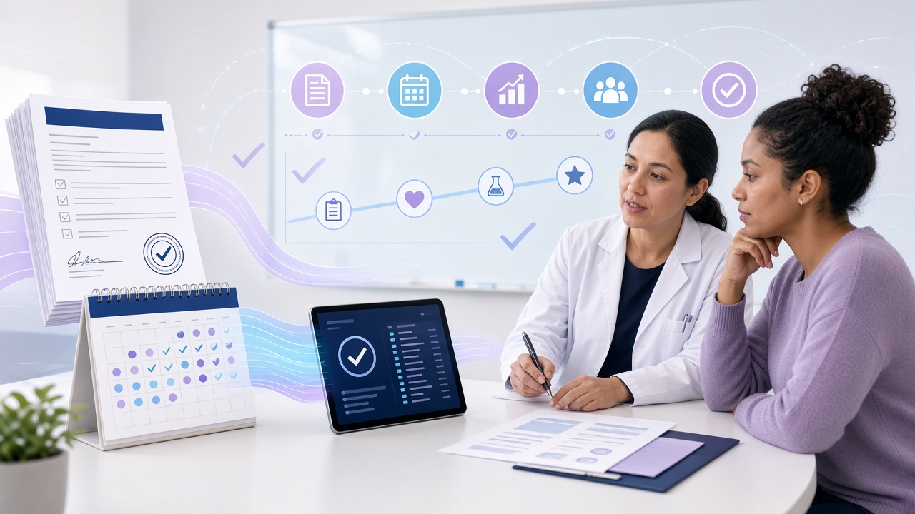 A clinical trial consent form and visit calendar becoming a structured participant video