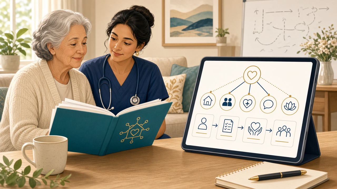 A home-care folder becoming caregiver video steps and a clear after-hours call tree