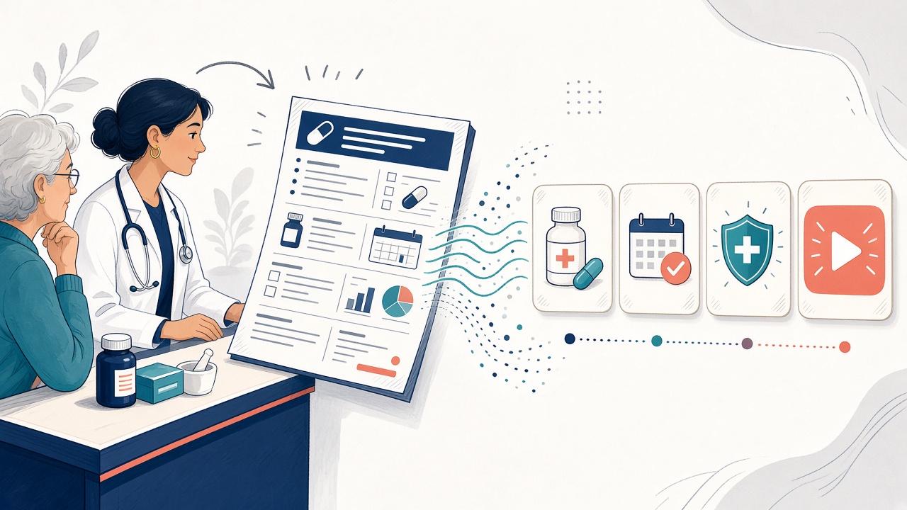 A pharmacist's dense medication documents becoming clear patient explainer videos