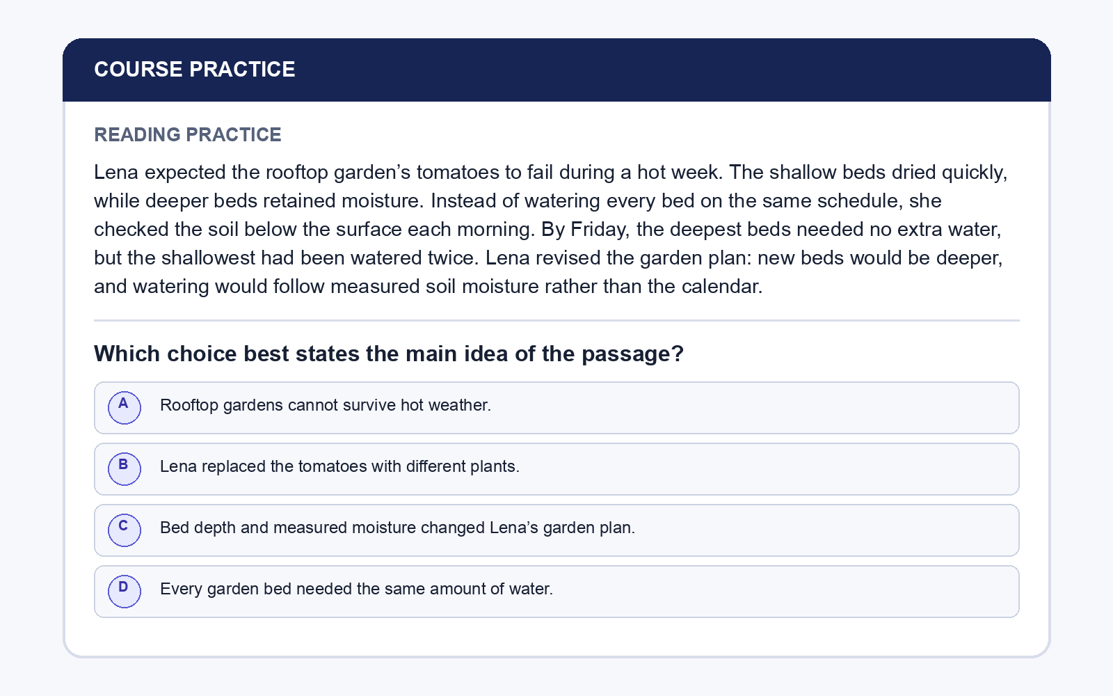 Reading-practice screenshot with a passage about rooftop garden beds and four main-idea choices