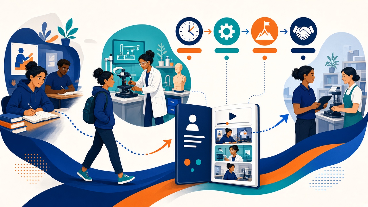 An adult learner following a certificate and externship roadmap through two videos