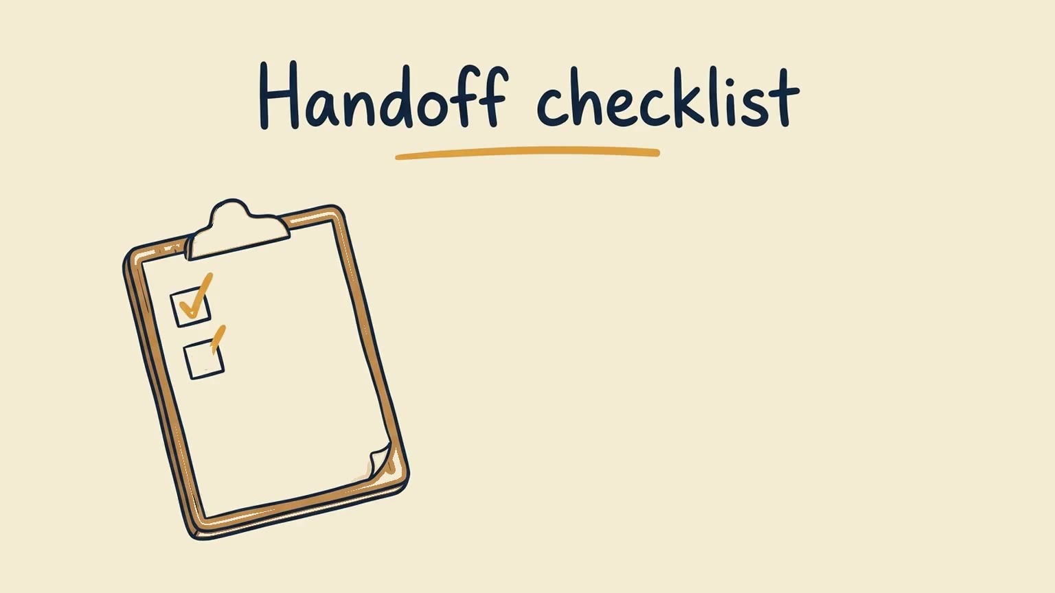 Notebook frame labeled Handoff checklist, with a clipboard and two checkboxes