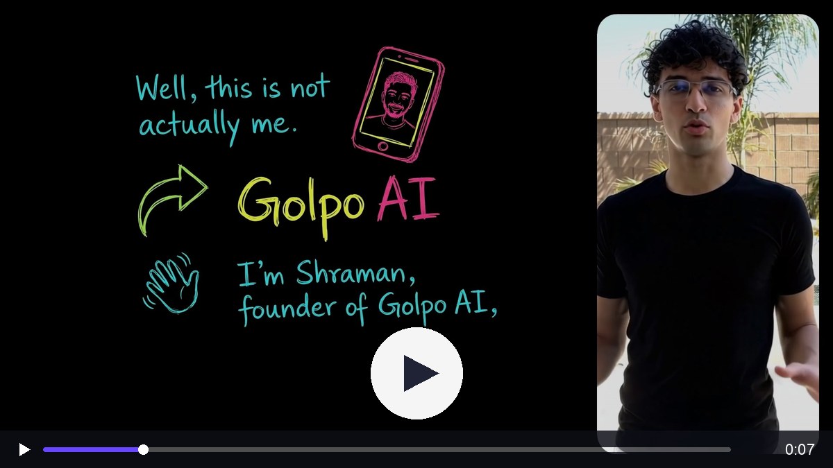 Play Shraman's AI Presenter launch video. A selfie presenter stands beside a whiteboard that reads: Well, this is not actually me.
