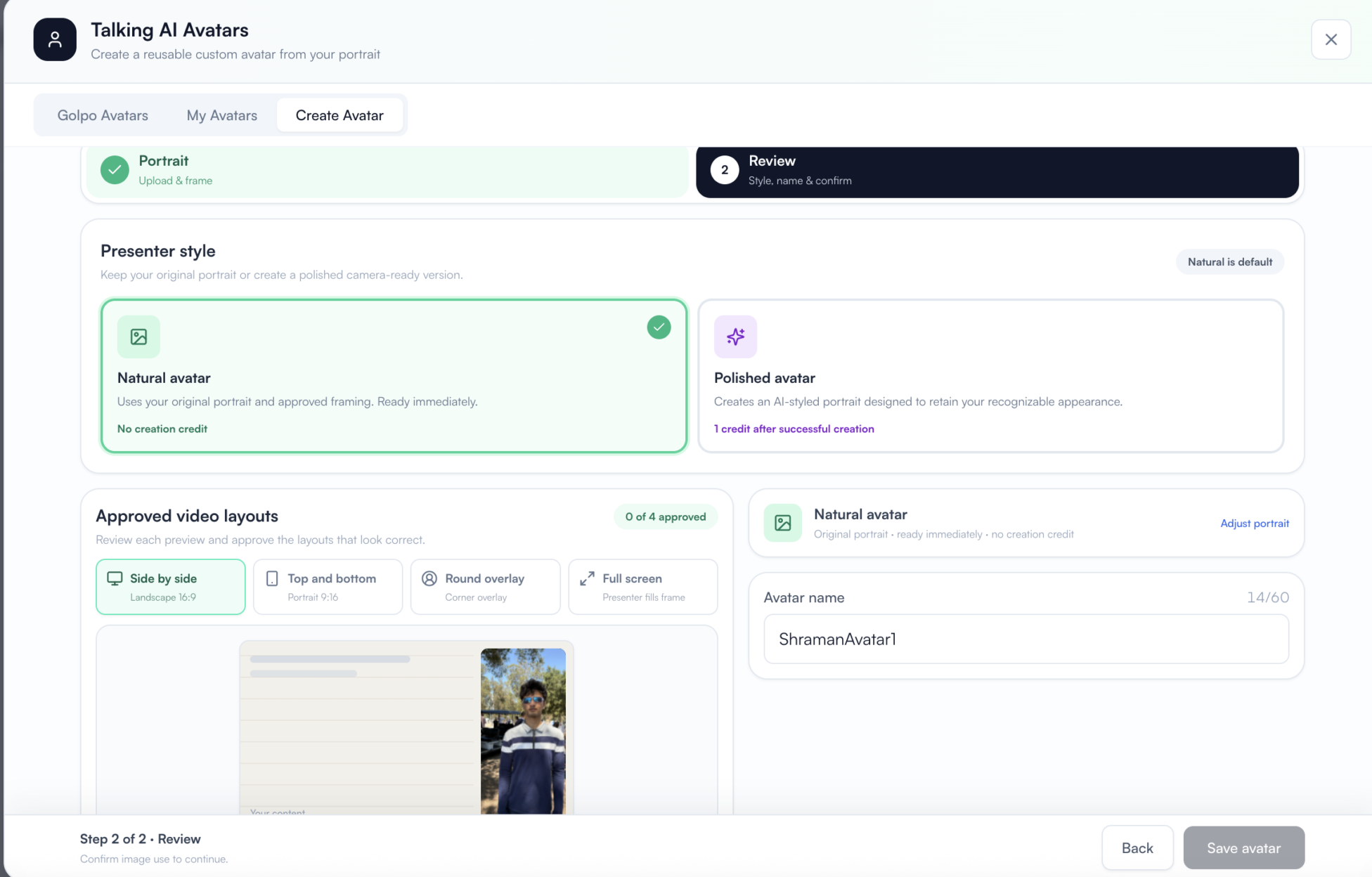 Custom avatar review screen showing Natural and Polished presenter styles, layout approvals, an avatar name field, and Save avatar
