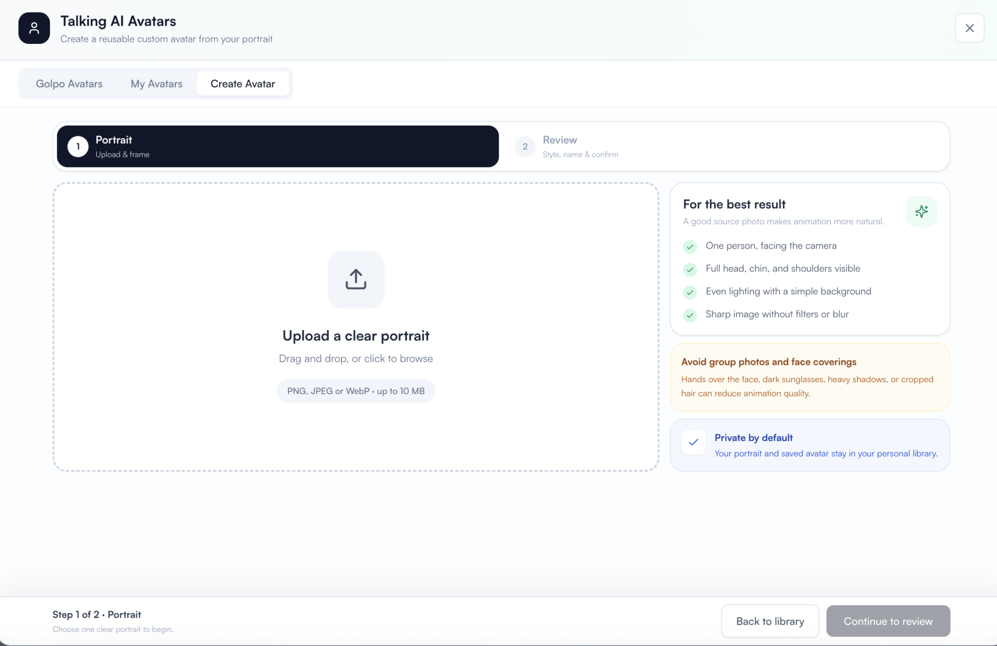 Create Avatar portrait upload screen with supported file formats, a 10 MB limit, photo guidance, and the Continue to review button