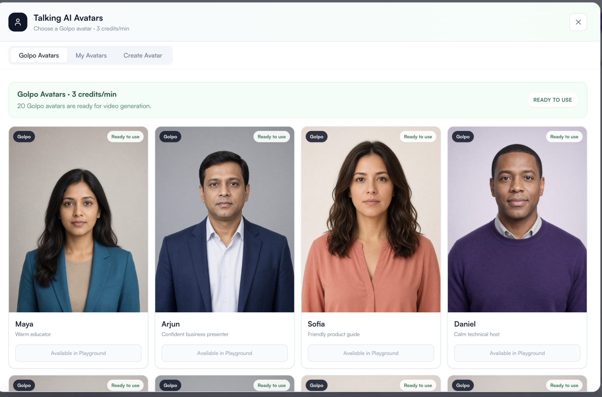 Golpo Avatars library showing Maya, Arjun, Sofia, and Daniel, with 20 ready-to-use avatars and a rate of 3 credits per minute
