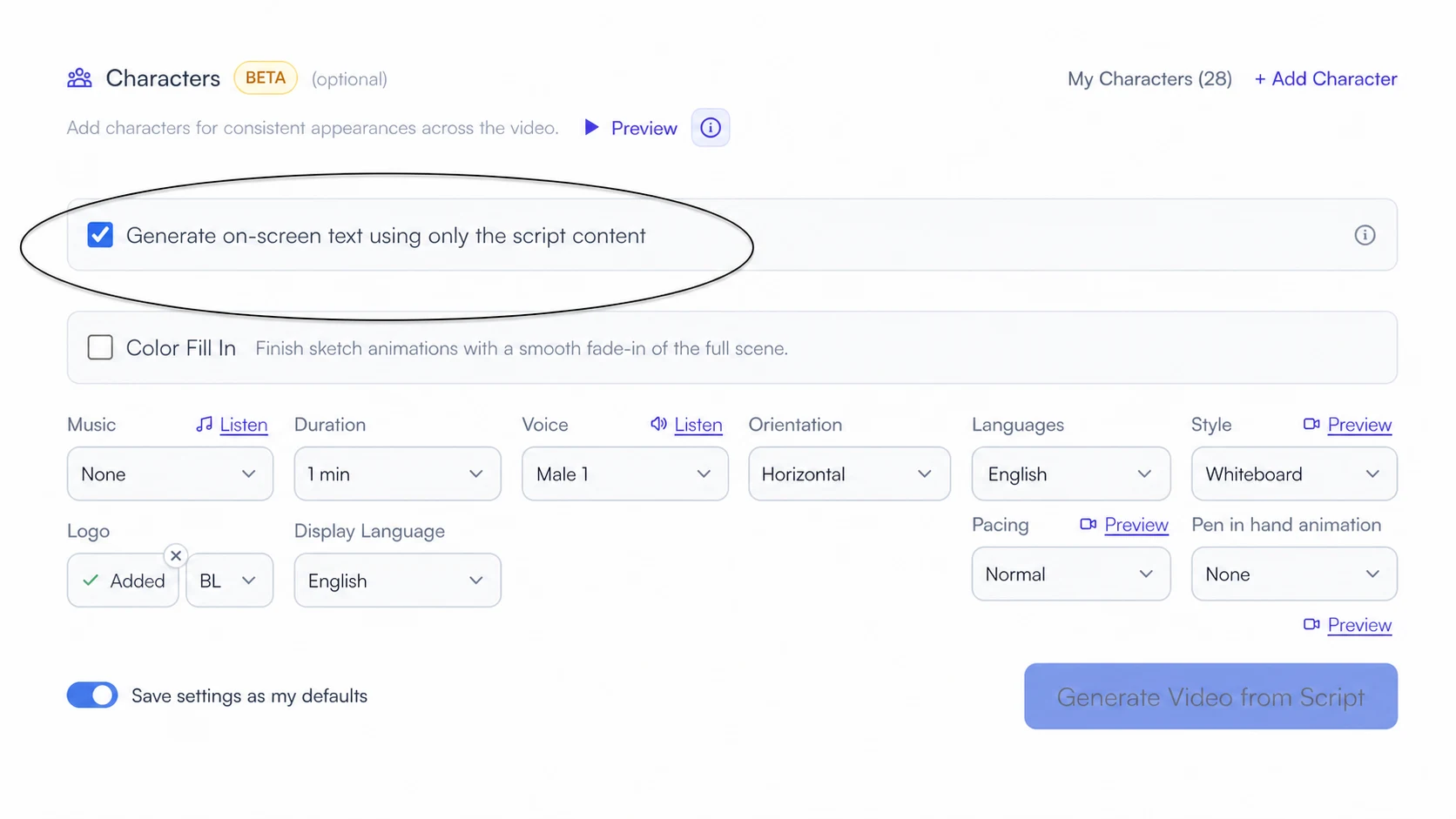 Golpo creation settings with Generate on-screen text using only the script content checked and circled
