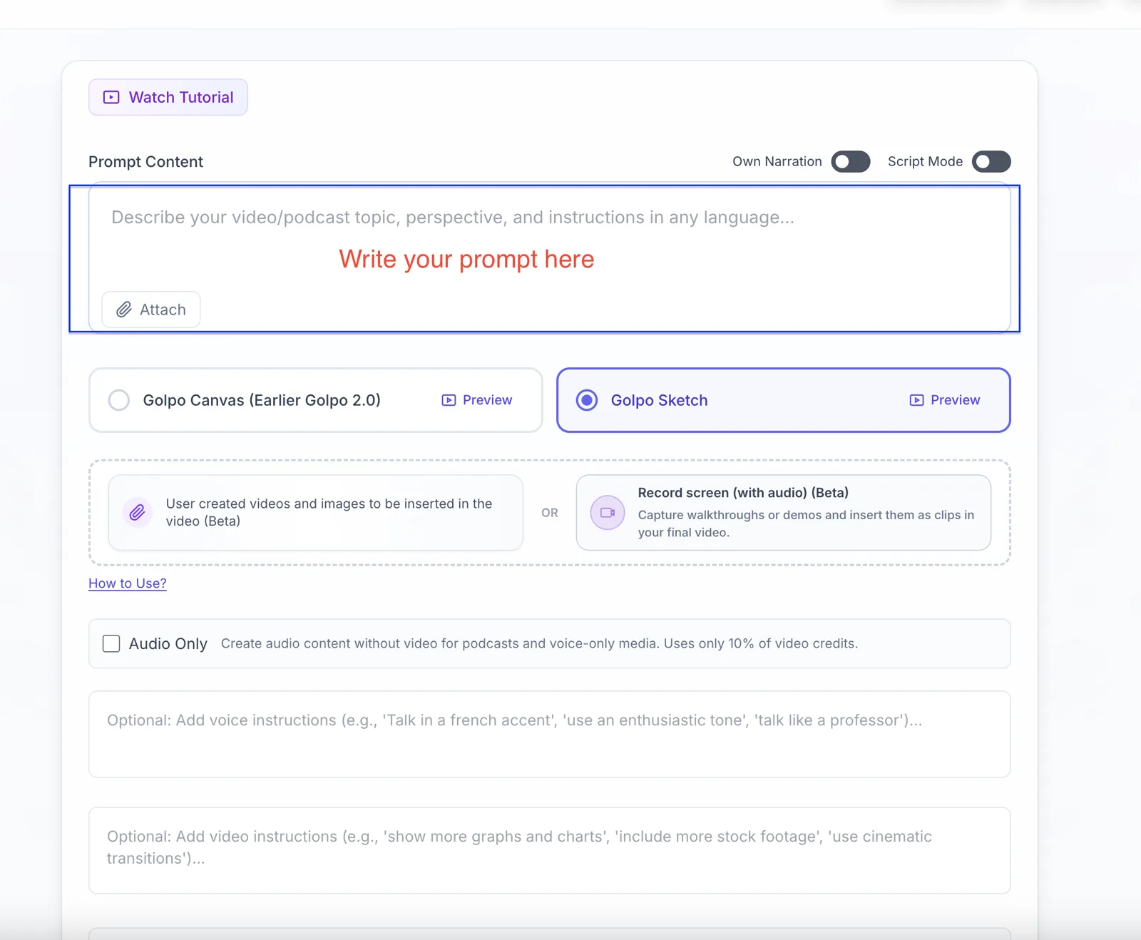 Golpo creation screen with Script Mode off and the Prompt Content box highlighted with the instruction Write your prompt here