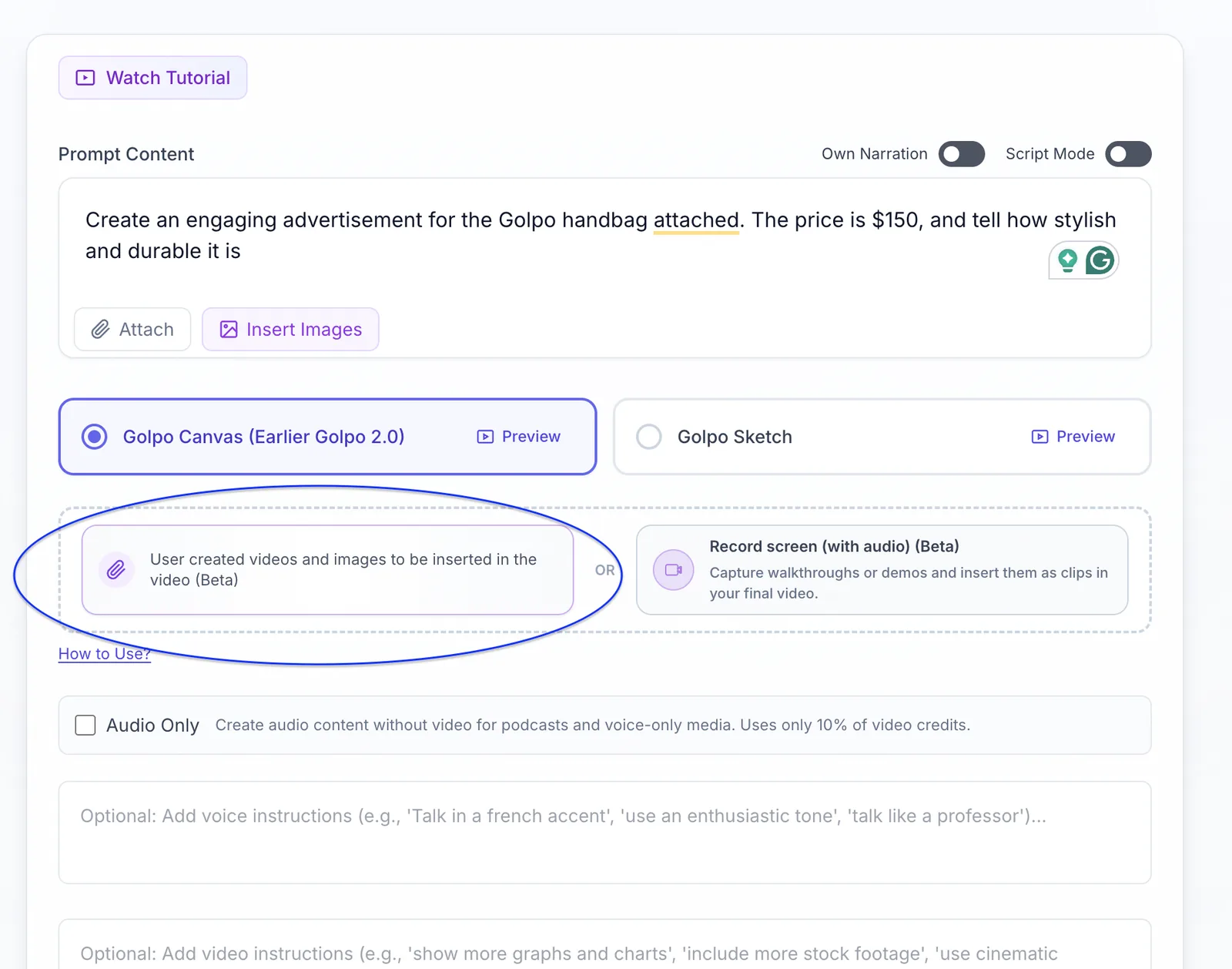 Golpo AI creation page with user-created image and video insertion enabled