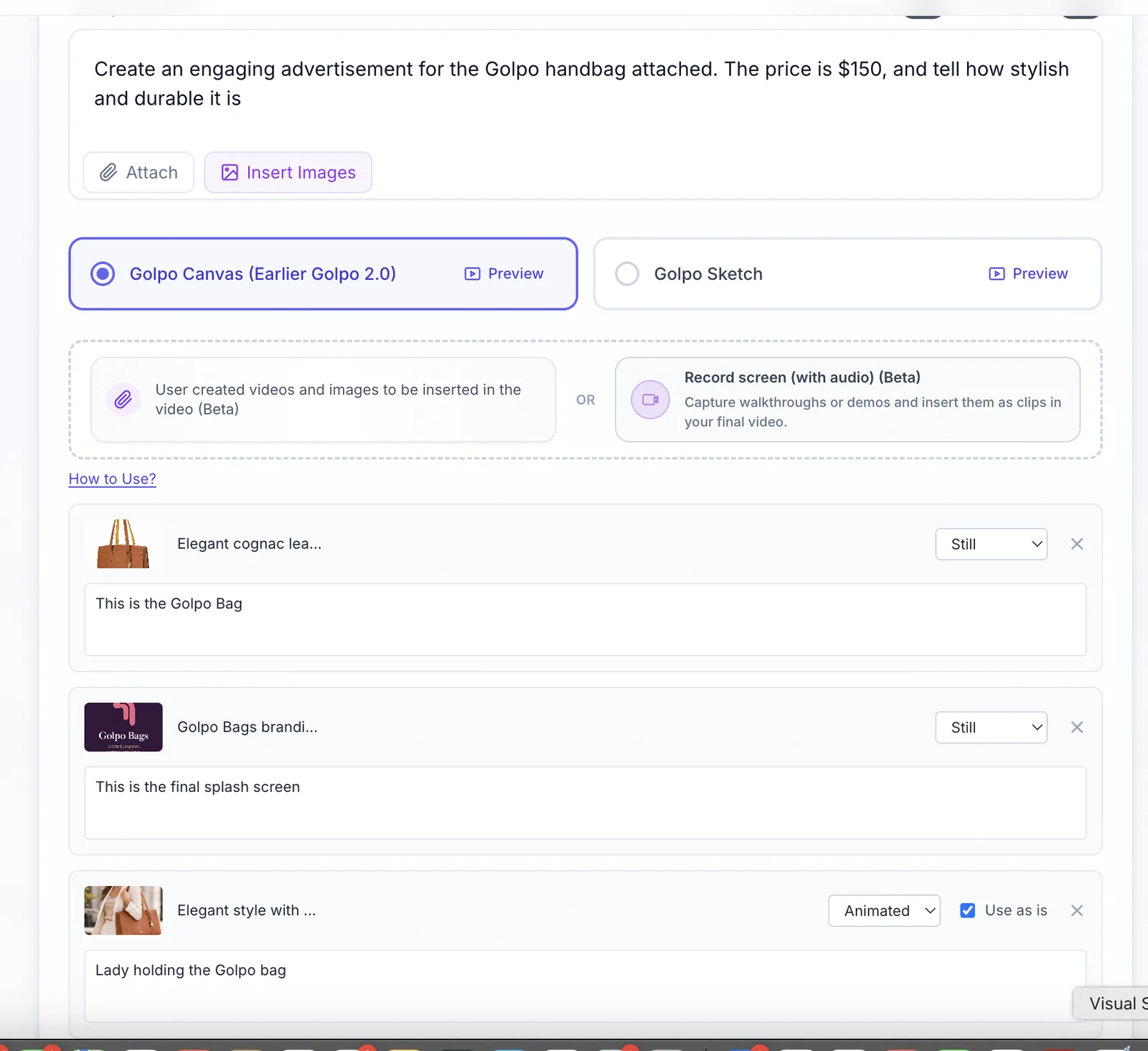 Uploaded product images with per-image placement and animation controls in Golpo AI