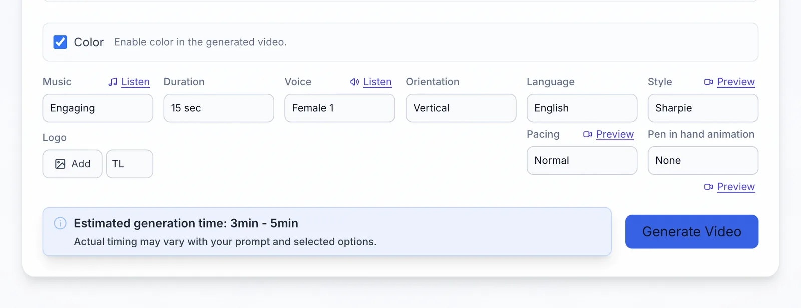 Golpo AI video configuration used for the product image insertion example