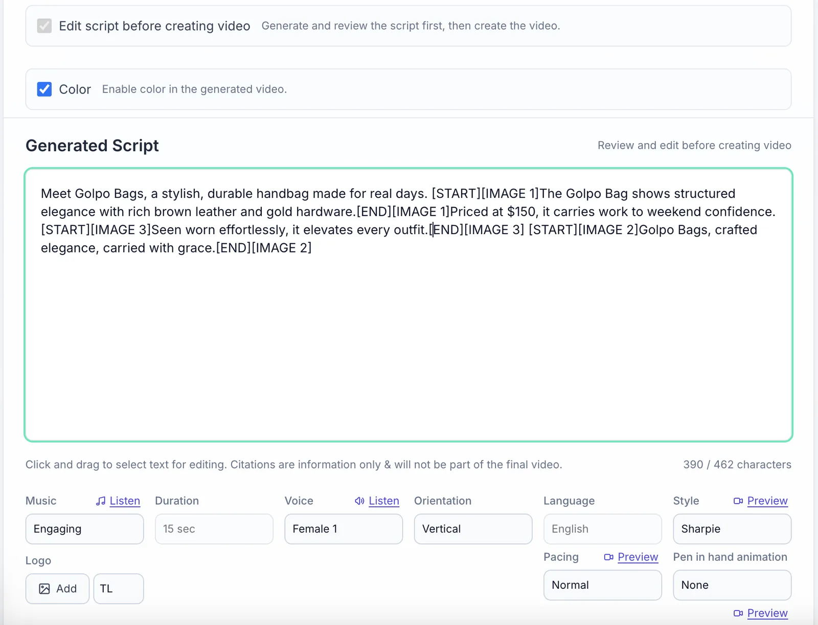 Generated Golpo AI script showing markers for the uploaded product images