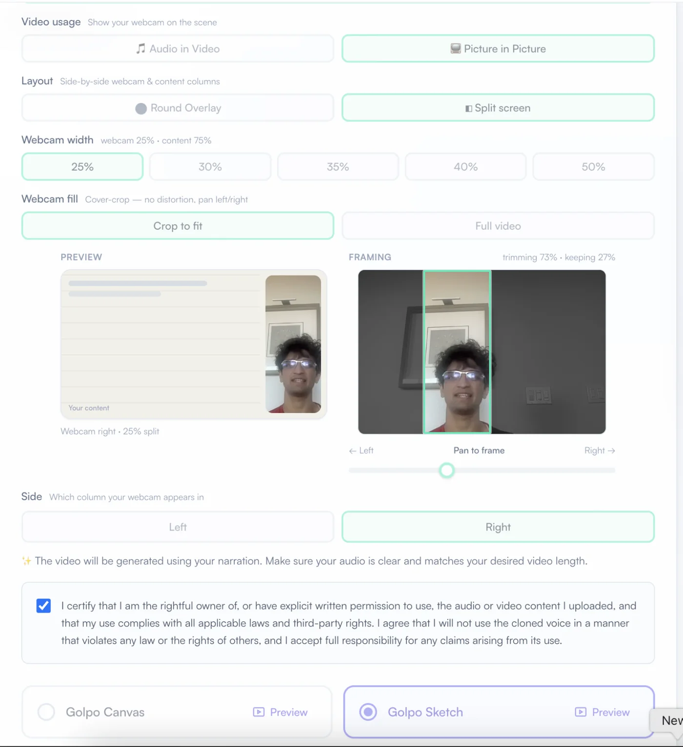 Golpo Picture-in-Picture split-screen settings for webcam width, crop, framing, and left or right side