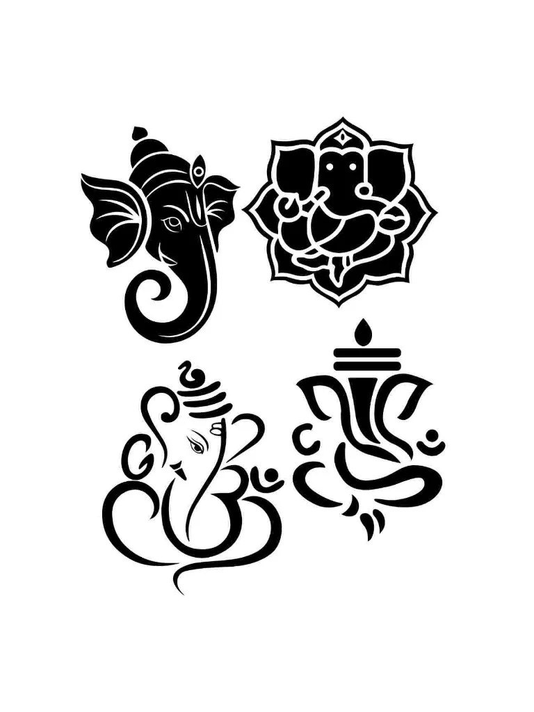 Reference image of four black-and-white calligraphic Ganesha line drawings on a white background