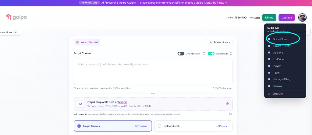 Golpo account menu open in the top right, with Voice Clone highlighted