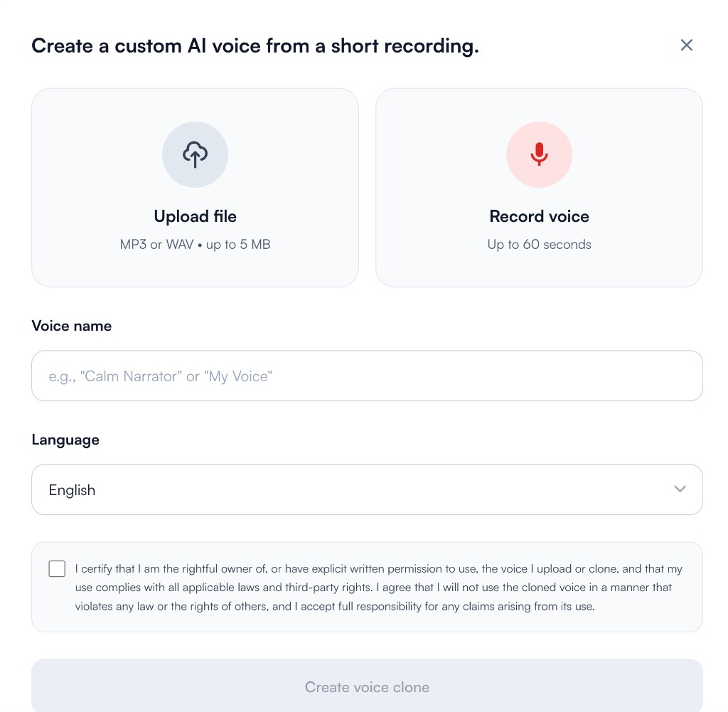 Create a custom AI voice dialog with Upload file, Record voice, a voice name, language, and the consent checkbox